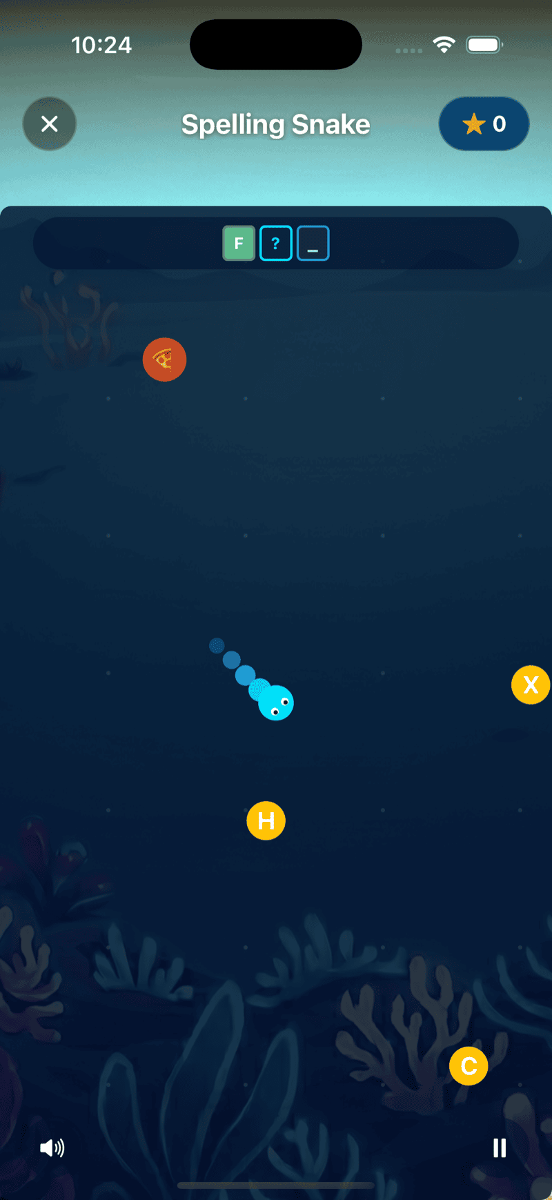 Spelling Snake gameplay — snake collecting letters