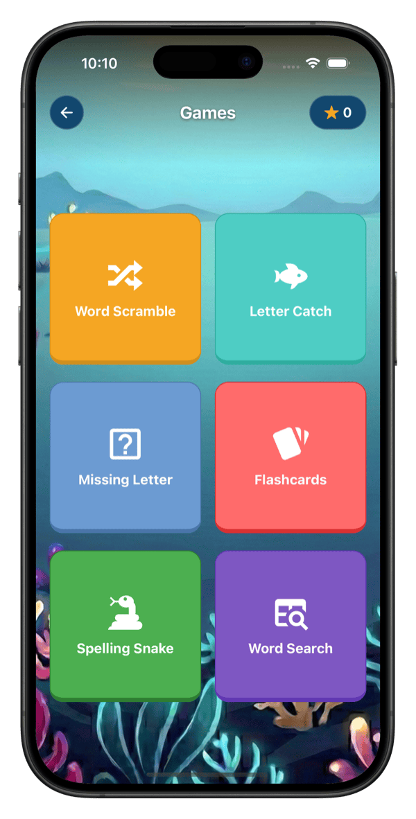 Spelling Stream games menu